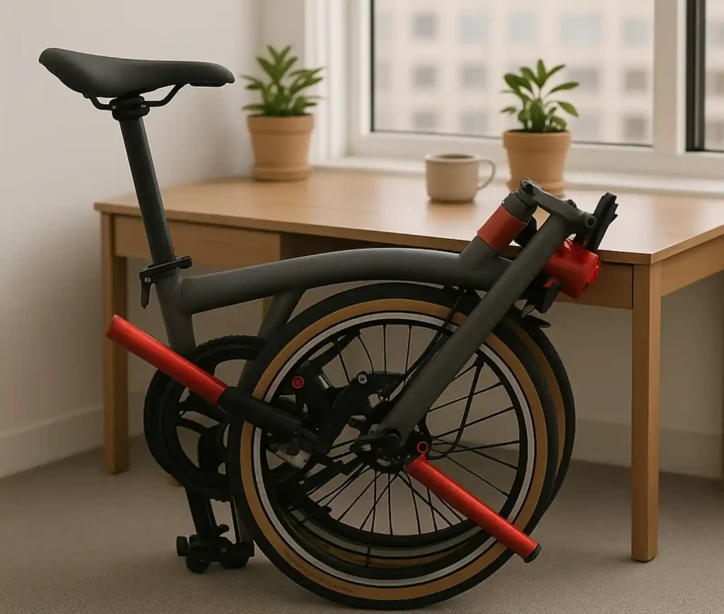 실내 방 안에서 접힌 브롬톤 자전거가 책상 옆에 단정하게 보관된 모습, 자연광이 들어오는 환경의 실내 보관 예시