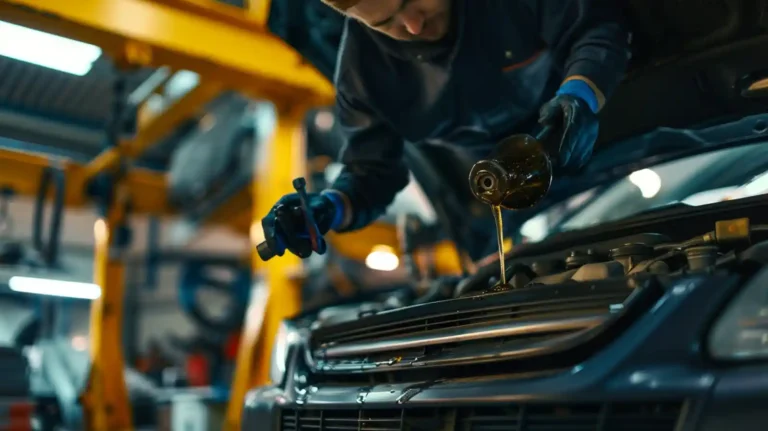 정비사가 리프트된 차량에 엔진오일을 주입하는 장면