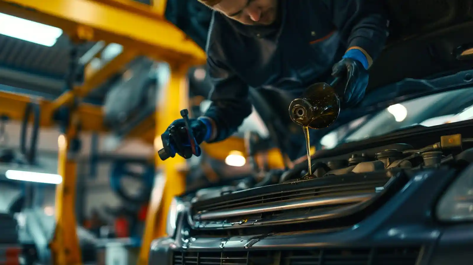 정비사가 리프트된 차량에 엔진오일을 주입하는 장면
