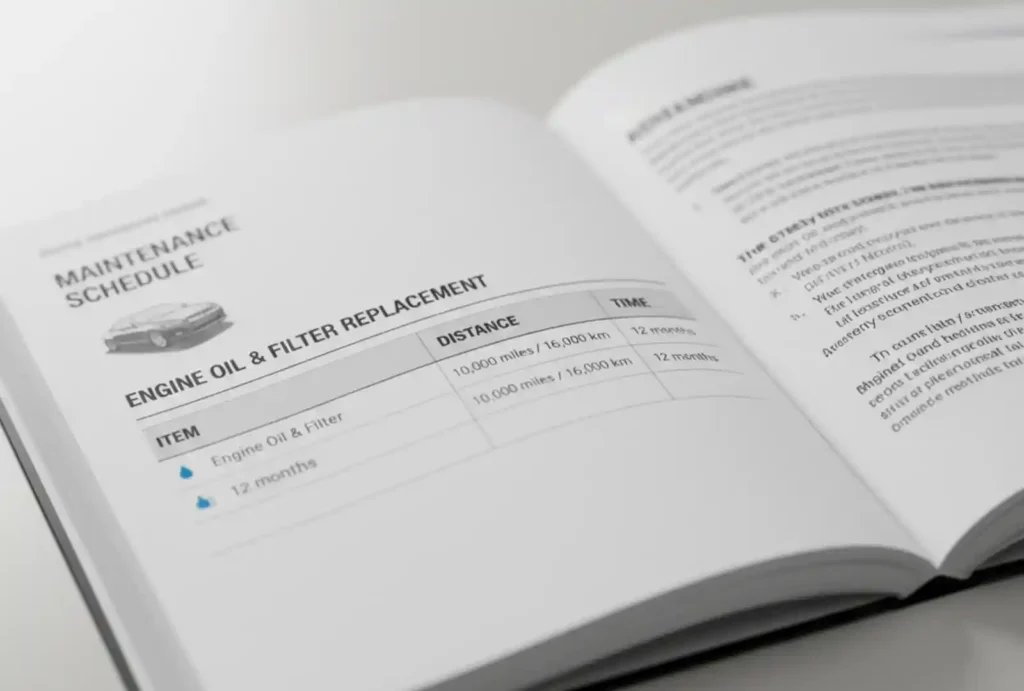 자동차 매뉴얼의 엔진오일 교환 주기 안내 페이지를 펼쳐 놓은 모습