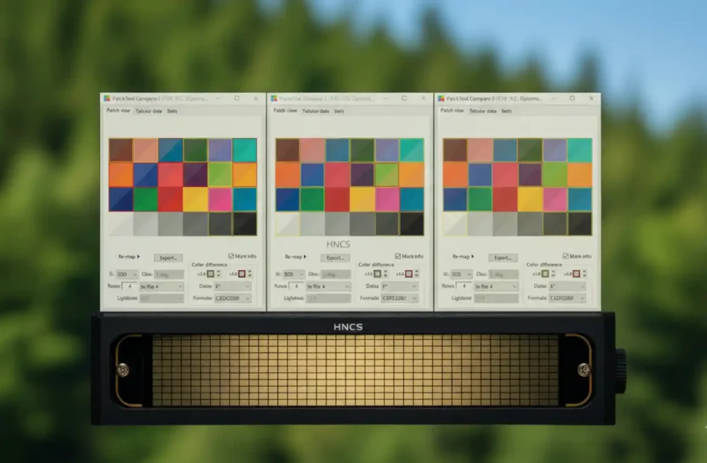 HNCS 색보정 소프트웨어의 컬러 패치 비교 화면 3개와 하단의 색 정확도 측정 장비. 각기 다른 색 재현 결과를 보여주며 핫셀블라드의 과학적 색채 교정 과정을 시각화한 이미지