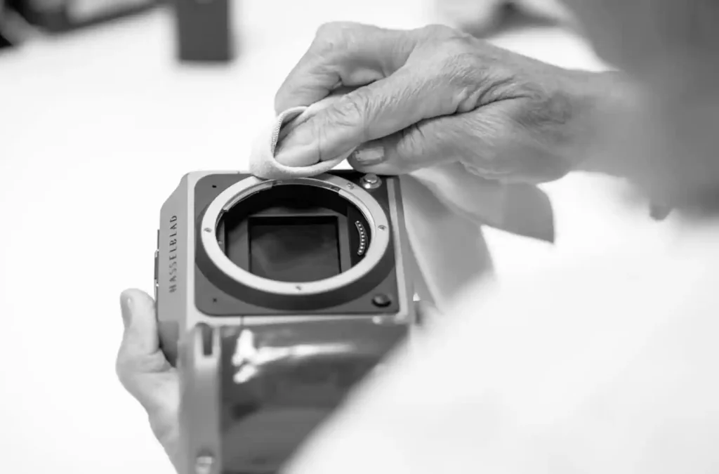핫셀블라드 카메라 바디의 센서 부분을 천으로 정밀하게 클리닝하는 기술자의 손. 개별 센서 캘리브레이션 과정을 보여주는 흑백 이미지로 장인정신과 품질관리를 표현
