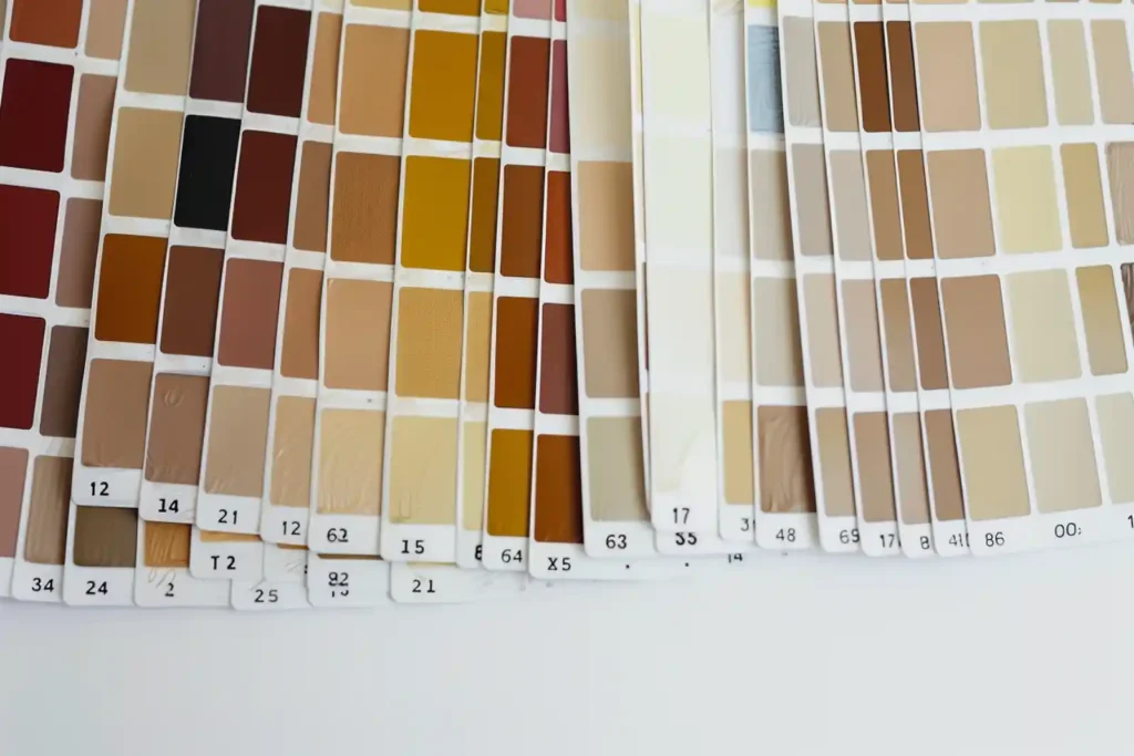 라이카와 핫셀블라드의 색감 철학을 비교하는 컬러 팔레트. 왼쪽은 따뜻한 어스톤의 버건디, 브라운, 골드 컬러 칩들로 라이카의 필름 감성을 표현하고, 오른쪽은 중성적인 베이지, 그레이, 아이보리 컬러 칩들로 핫셀블라드의 정확한 색재현을 표현한 이미지