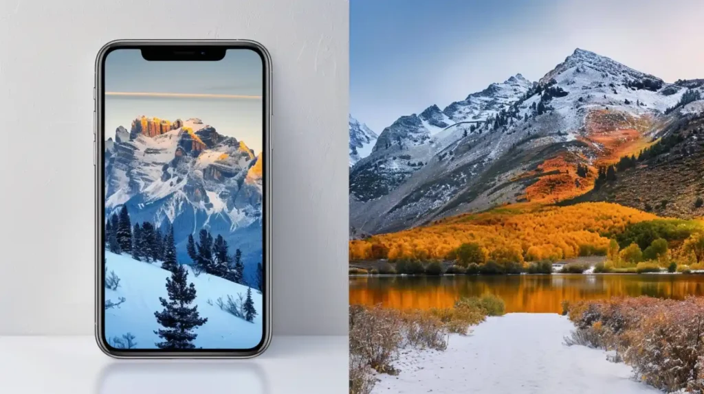 왼쪽에는 스마트폰 화면에 표시된 산악 풍경 사진이 작고 디테일이 압축되어 보이고, 오른쪽에는 같은 사진이 대형 프린트로 표현되어 풍부한 색감과 섬세한 계조가 드러남. HNCS 색감이 작은 화면에서는 밋밋하지만 큰 사이즈에서 진가를 발휘함을 보여주는 비교 이미지