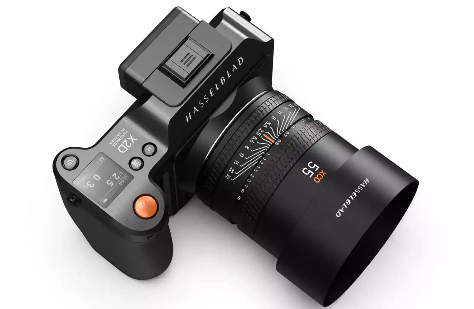 핫셀블라드 X2D 100C 카메라와 XCD 55V 렌즈의 상단 탑뷰 제품 사진