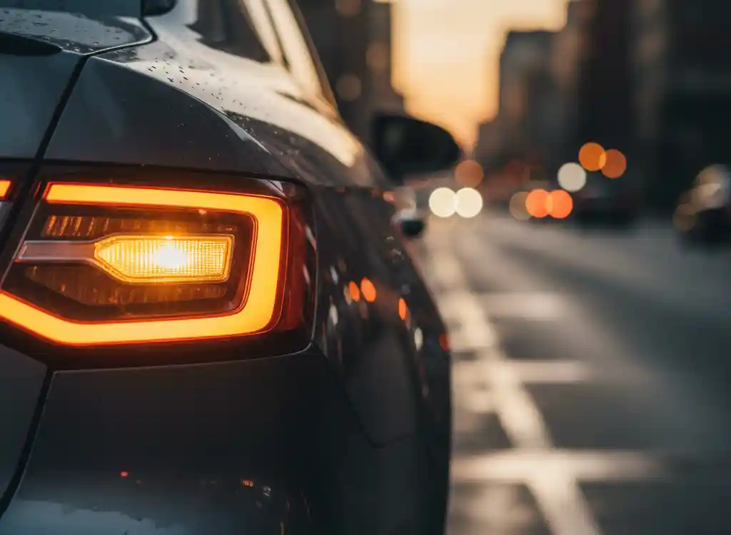 도심 도로에서 차로 변경을 위해 방향지시등을 켠 자동차의 후면 모습
