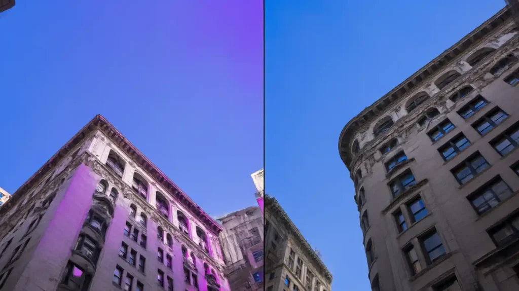 광각 렌즈로 촬영한 건축 사진의 컬러 캐스트 비교. 왼쪽은 보정 전으로 하늘과 건물 가장자리에 심한 마젠타색 물듦이 보이고, 오른쪽은 6-Bit 코딩 보정 후 자연스러운 파란 하늘로 복원된 모습