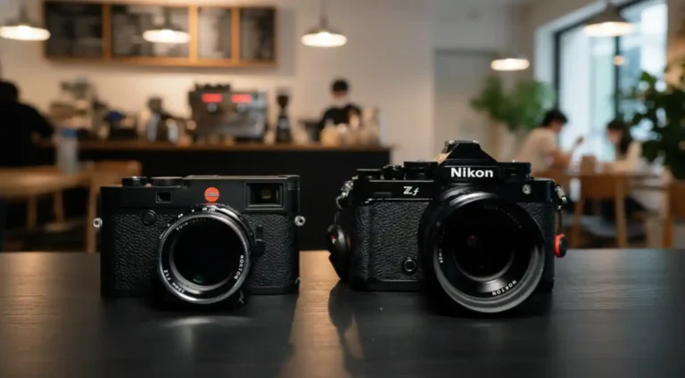 카페 테이블 위에 나란히 놓인 라이카 M10-R과 니콘 Zf. 두 카메라의 디자인과 크기가 선명하게 비교되는 모습