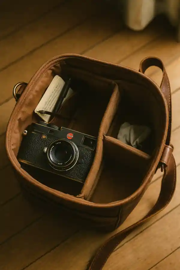 위에서 내려다본 갈색 가죽 카메라 가방 내부 모습. 왼편에는 사용감이 있어 모서리의 황동이 드러난 검은색 라이카 M 카메라가 수첩, 펜과 함께 담겨 있고, 오른편에는 렌즈 천만 놓인 빈 공간이 보인다.