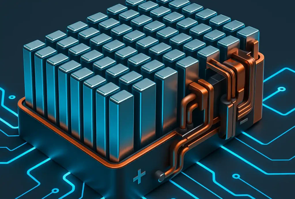 전기차 배터리 팩 구조 3D 렌더링 - 리튬이온 배터리 셀과 냉각 시스템