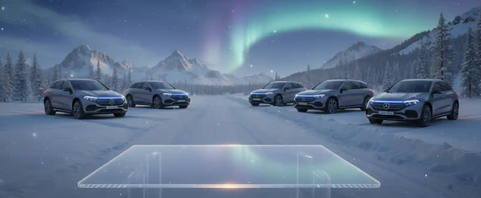 겨울 설경 속에서 EQA, EQB, EQE SUV, EQS SUV 등 2025년 벤츠 EQ 전기 SUV 4종이 한 줄로 배치된 모습