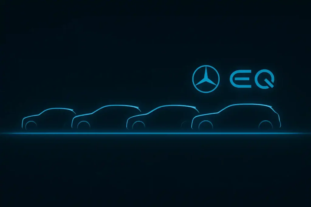 벤츠 EQ 전기 SUV 라인업을 네온 블루 실루엣으로 표현한 추상적 이미지. EQA·EQB·EQE SUV·EQS SUV를 크기 순서대로 형상화한 모습