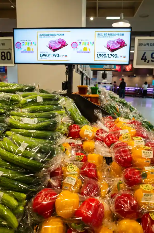 이마트 푸드마켓 채소 코너를 리코 GR2로 촬영한 사진. 왼쪽에는 초록색 오이가 플라스틱 포장에 담겨 진열되어 있고, 오른쪽에는 빨간색과 노란색 파프리카가 반짝이며 놓여 있다. 뒤쪽으로 프로리안 토핑 상추 할인 광고(1,990원/1,790원)가 보이는 디스플레이 모니터가 설치되어 있다.