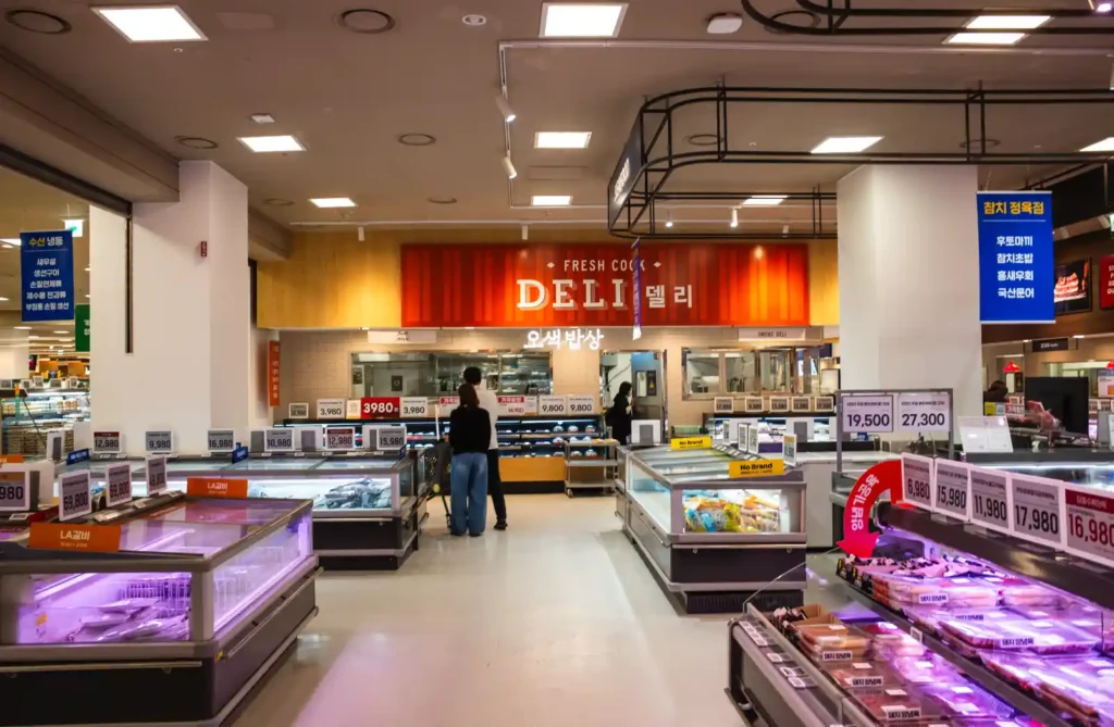이마트 푸드마켓 델리 코너를 리코 GR2로 촬영한 사진. 중앙에 빨간 커튼을 배경으로 FRESH COOK DELI 흰색 간판이 크게 걸려 있고, 아래에는 일생만상 델리 코너가 보인다. 양쪽으로 보라색 LED 조명이 켜진 냉동 진열대가 길게 이어지며, 각종 육류와 조리 식품이 진열되어 있다. 가운데 통로에는 쇼핑카트를 끄는 고객이 서 있다.