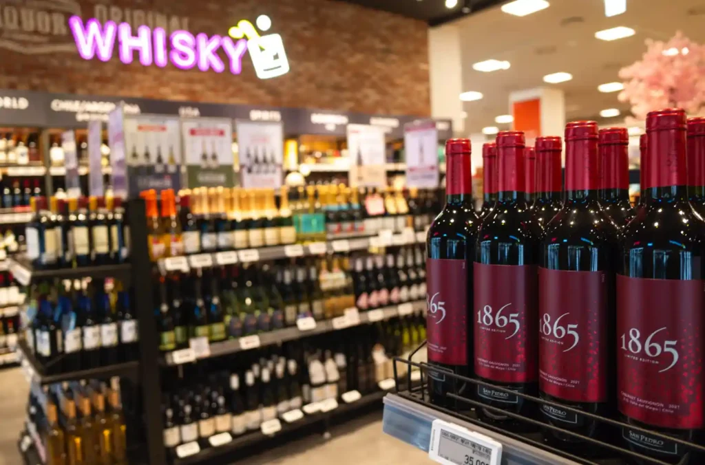 이마트 푸드마켓 주류 코너를 리코 GR2로 촬영한 와인 진열 사진. 왼쪽 위에 보라색 WHISKY 네온사인이 빛나고, 오른쪽 앞에는 1865 빨간 라벨 와인병들이 진열되어 있다. 뒤쪽으로 각국의 와인병들이 선반을 가득 채우고 있으며, 다양한 색상의 라벨들이 보인다. 벽돌 질감의 벽면이 배경을 이루고 있다.