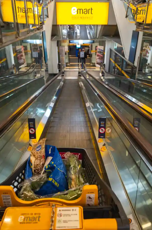 이마트 푸드마켓 에스컬레이터를 리코 GR2로 촬영한 사진. 아래로 내려가는 에스컬레이터 위에서 위쪽을 바라본 대칭 구도 샷. 하단에는 오늘 구매한 채소와 물건들이 담긴 쇼핑 바구니가 보이고, 위쪽 중앙에는 노란색 emart FOOD MARKET 사인이 있다. 양쪽으로 에스컬레이터 핸드레일과 유리 난간이 대칭을 이루며, 금속 재질의 반사까지 선명하게 표현되어 있다.
