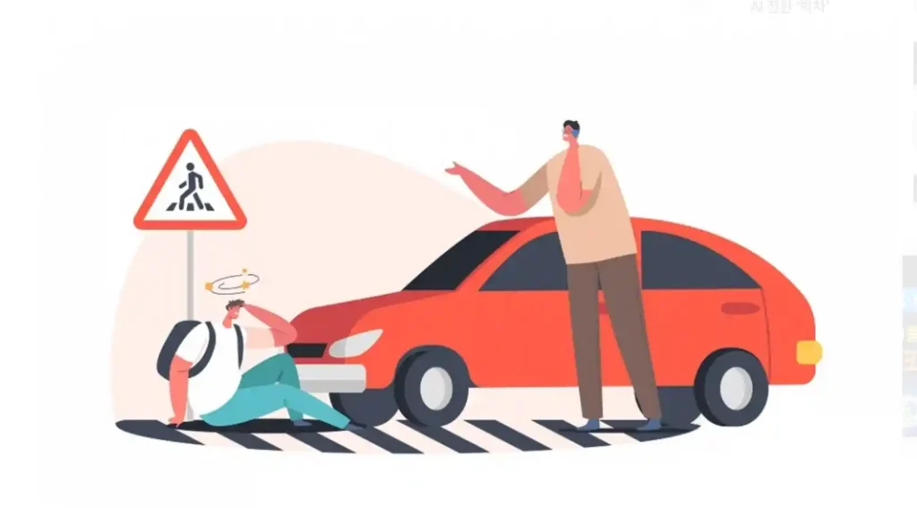 횡단보도에서 보행자와 차량 운전자가 마주한 상황을 보여주는 일러스트 - 보행자 보호 의무 강화