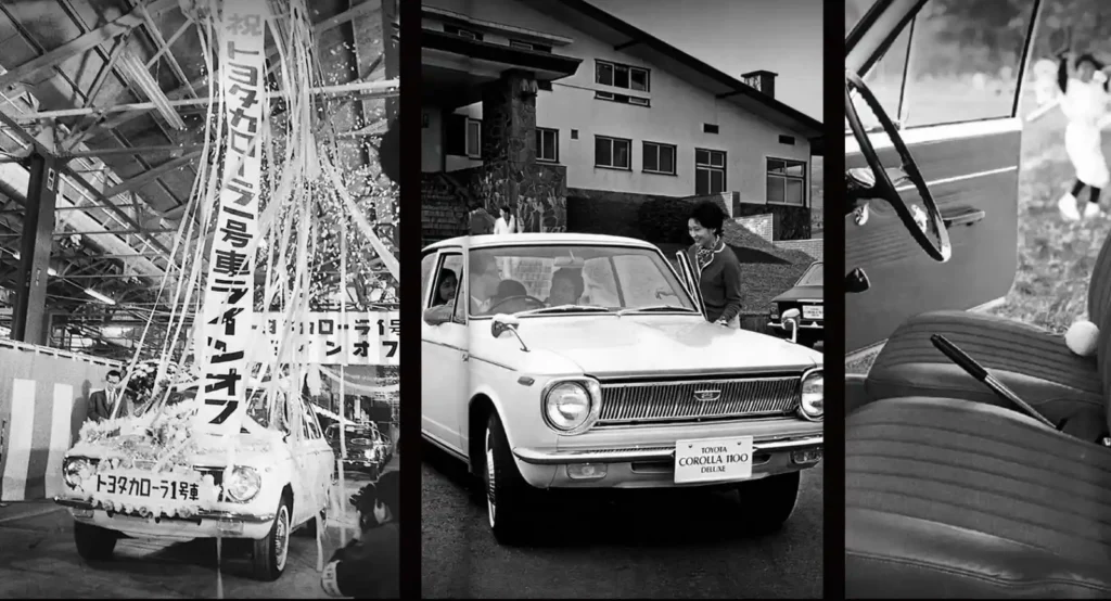 1960년대 초기에 생산된 토요타 코롤라. 1호차 라인오프 장면과 초기 모델의 외관, 실내 디자인이 함께 담긴 이미지