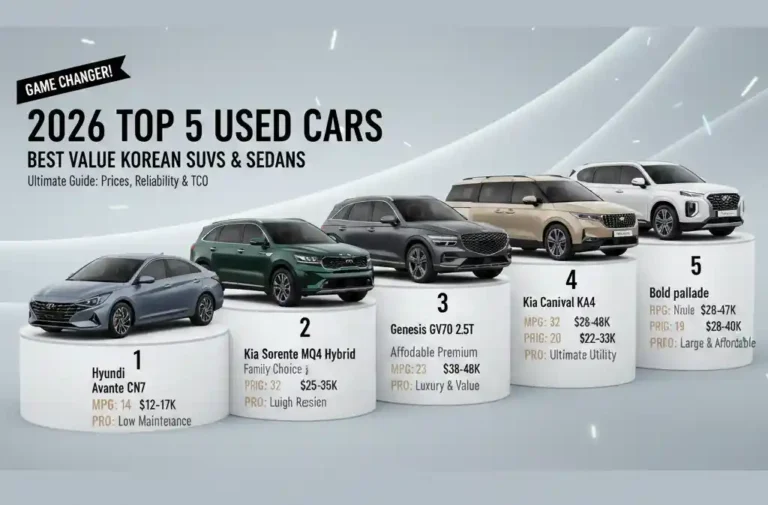 2026년 추천 중고차 TOP 5 비교 인포그래픽 - 현대 아반떼 CN7, 기아 쏘렌토 하이브리드, 제네시스 GV70, 기아 카니발, 현대 팰리세이드 시세 및 연비 정보