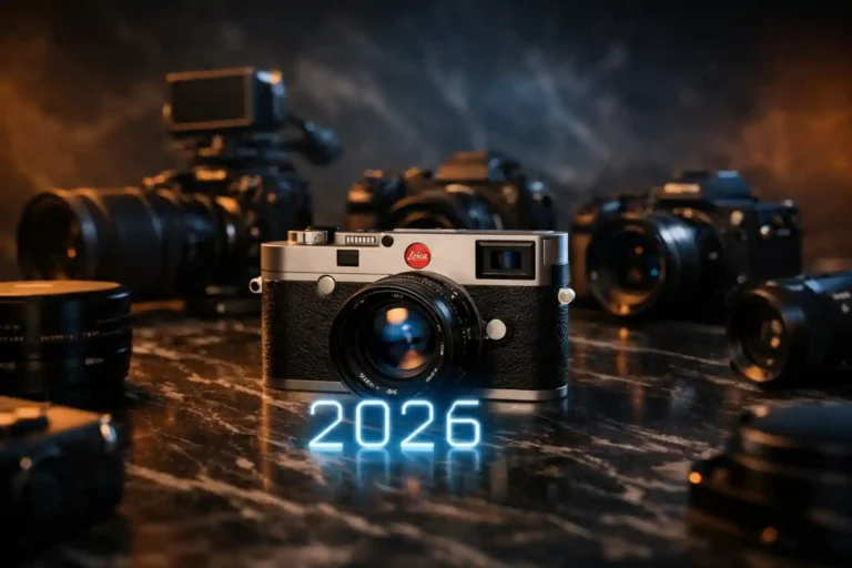 2026년 출시 예정 카메라 전망을 상징하는 이미지. 어두운 대리석 테이블 위에 라이카 M 시리즈 레인지파인더 카메라가 중앙에 선명하게 배치되어 있고, 배경에는 다양한 프리미엄 카메라와 렌즈들이 흐릿하게 보입니다. 카메라 앞에는 청록색 네온 홀로그램으로 "2026"이라는 숫자가 빛나고 있습니다.