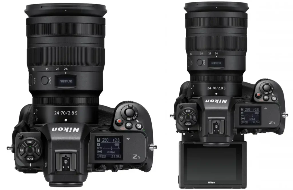 Nikon Z9 플래그십 미러리스 카메라 상판 - 24-70mm f/2.8 S 렌즈가 장착된 모습