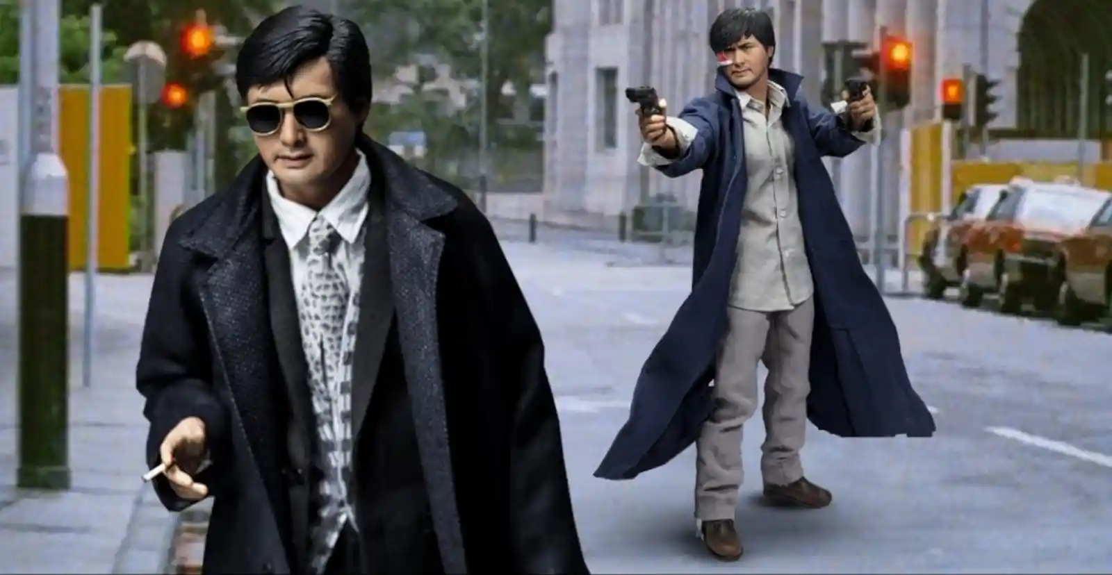 1990년대 홍콩 느와르 영화 장면, 트렌치코트를 입고 양손에 권총을 든 남자 배우가 거리를 걷고 있다