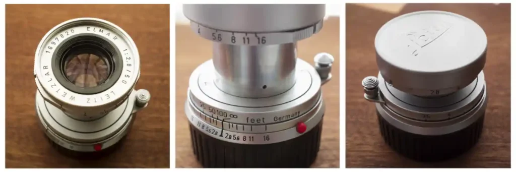 라이카 엘마 50mm f/2.8 침동식 렌즈 - 펼침/침동 중/접힘 상태 비교