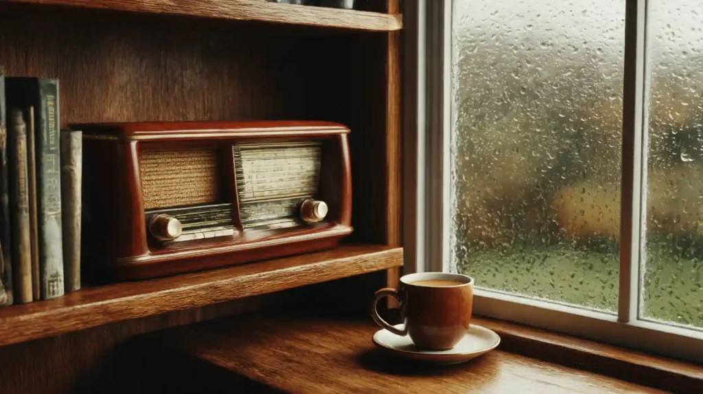 비 오는 주말 아침, 나무 선반 위의 빈티지 라디오와 창가에 놓인 커피 한 잔. 빗방울이 맺힌 창문 너머로 부드러운 자연광이 들어온다.