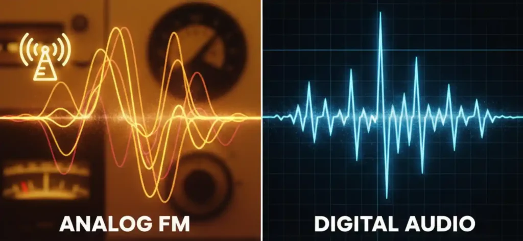 아날로그 FM과 디지털 오디오의 음파 비교 이미지. 왼쪽은 따뜻한 오렌지 톤의 아날로그 FM 파형과 전파 송신탑, 오른쪽은 차가운 블루 톤의 정확한 디지털 오디오 파형이 대비되어 있다.