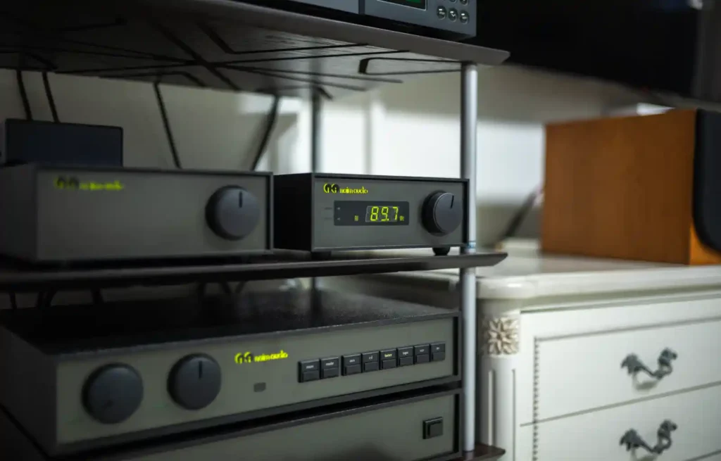 네임 올리브 시리즈 NAT-01 FM 튜너와 NAC 102, NAP 180이 함께 있는 오디오 시스템