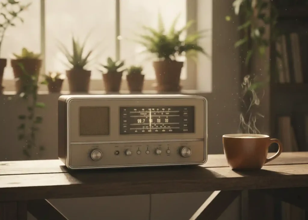주말 아침 창가에서 FM 라디오와 커피를 즐기는 빈티지 오디오 청취 환경