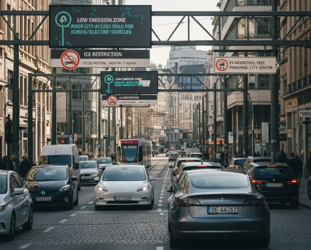 유럽 도심 저공해 구역 표지판 - ICE 제한 및 전기차 인센티브 안내판이 설치된 도심 도로