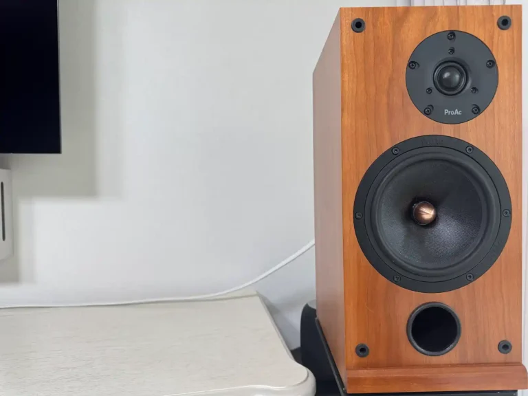 겨울밤 거실에 놓인 프로악 Response D2 북셀프 스피커, 낮은 조명 아래 차분한 우드 마감과 전면 포트가 보인다