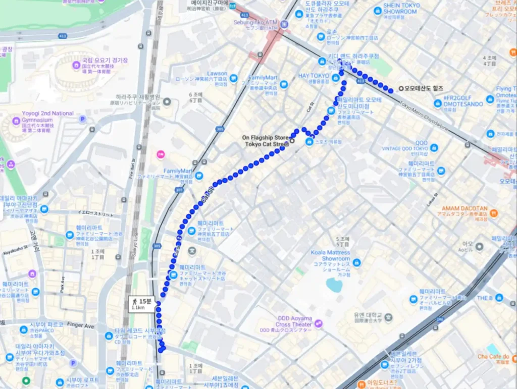도쿄 캣스트리트 지도 위치 오모테산도힐즈에서 시부야역까지 경로 1km