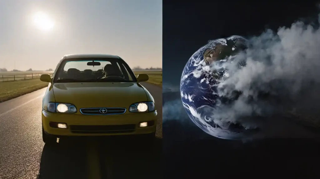 1990년대 초 토요타의 딜레마를 상징하는 이미지. 왼쪽에는 햇살 아래 달리는 성공적인 토요타 코롤라, 오른쪽에는 대기오염으로 연기에 싸인 지구. 자동차 산업의 성공과 환경 위기 사이의 긴장감을 표현
