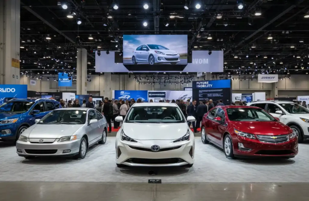 자동차 전시회에 전시된 여러 브랜드의 하이브리드 차량들. 중앙에 토요타 프리우스, 좌측에 혼다 인사이트, 우측에 쉐보레 볼트가 배치되어 프리우스가 촉발한 하이브리드 기술의 산업 전반 확산을 보여준다