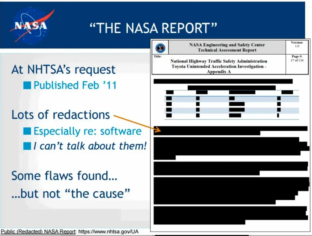 NASA의 토요타 급발진 조사 보고서 표지와 주요 내용, 2011년 2월 발표된 검은색 가림 처리가 된 기밀 문서