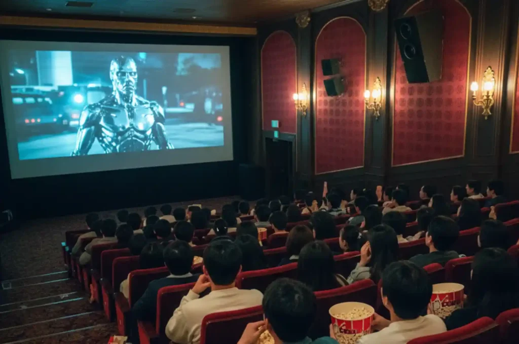 1990년대 극장 내부에서 터미네이터 2를 관람하는 관객들. 스크린에는 액체금속 로봇 T-1000의 모습이 보이고, 팝콘을 먹으며 영화에 몰입한 관객들이 앉아있다