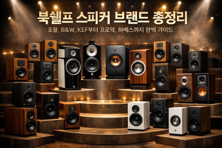 다양한 북쉘프 스피커 브랜드 비교 - 우드 캐비닛과 블랙 마감 디자인의 고급 북쉘프 스피커들