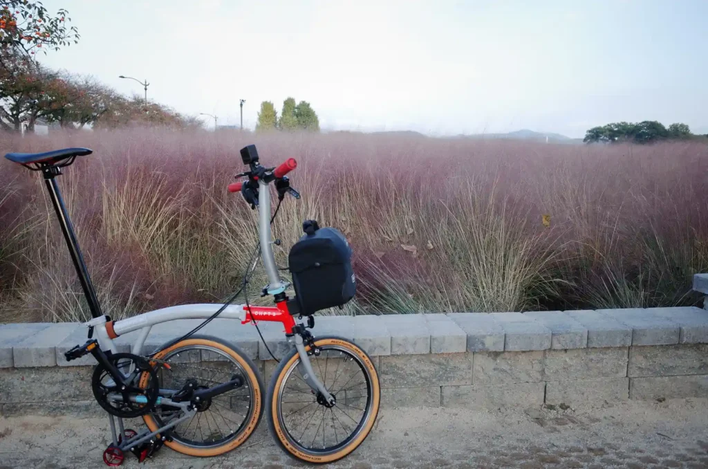 핑크뮬리 앞 돌담에 세워진 브롬톤 CHPT3 V4. 레드 힌지 프레임과 그레이 바디, 탄 색상 슈발베 타이어가 특징적이다.