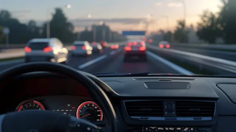 고속도로 황혼 주행 중 운전자 시점 – 앞차 제동등이 붉게 켜진 추돌 위험 상황