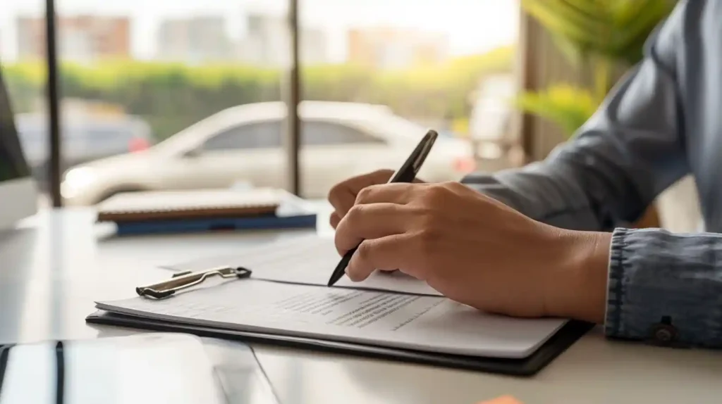 자동차 보험 서류를 검토하며 서명하는 손 클로즈업 – 창밖으로 차량이 보이는 보험 처리 장면