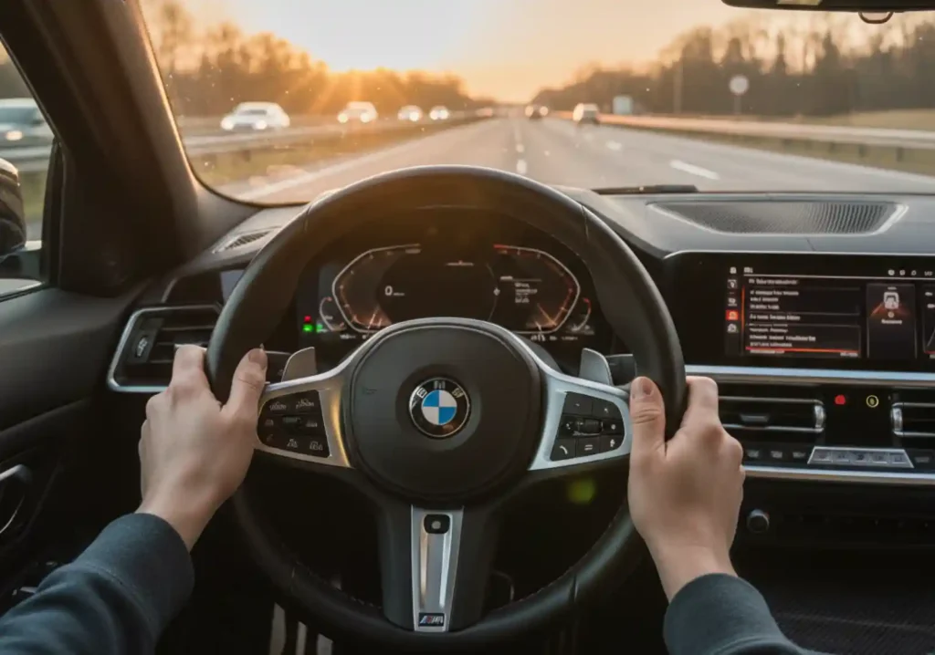 BMW M 스티어링 휠을 잡고 골든아워 고속도로를 주행하는 운전자 시점