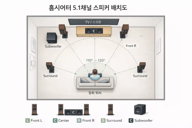 홈시어터 5.1채널 스피커 배치도 — 청취 위치 중심 평면도, 프론트 L/C/R, 서라운드 L/R, 서브우퍼 위치 및 각도 표시