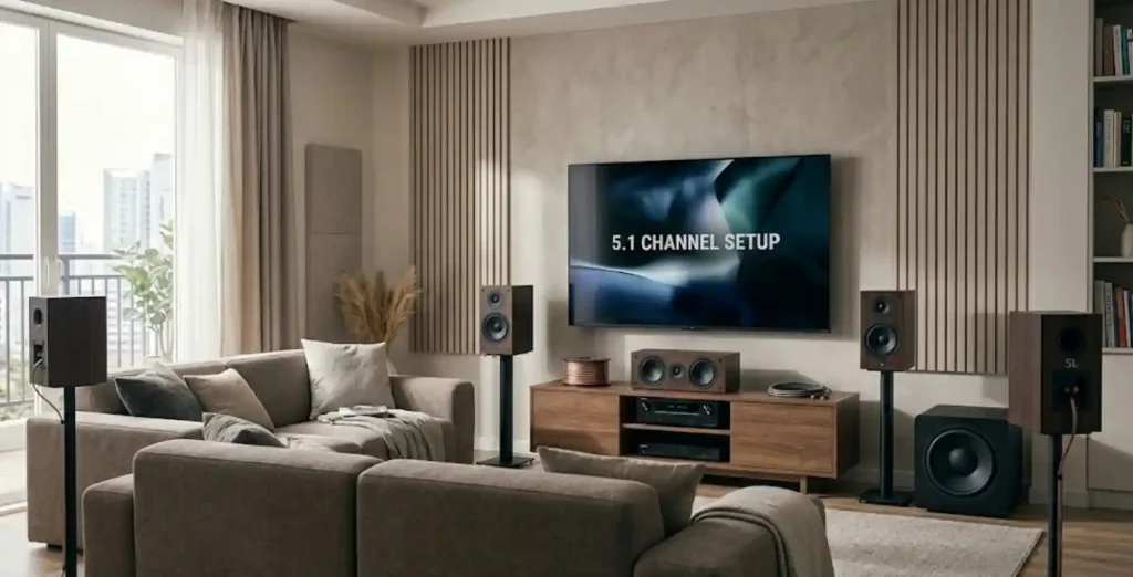아파트 거실에 설치한 5.1채널 홈시어터 구성 예시 — 전면 L/R, 센터, 리어 스피커와 서브우퍼 배치 모습