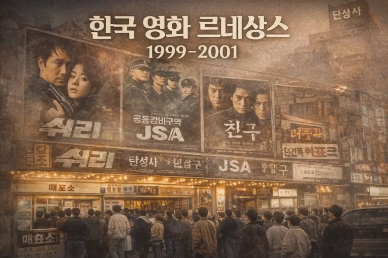 1999~2001년 한국 영화 르네상스를 상징하는 극장 전경과 쉬리·JSA·친구 포스터가 걸린 모습