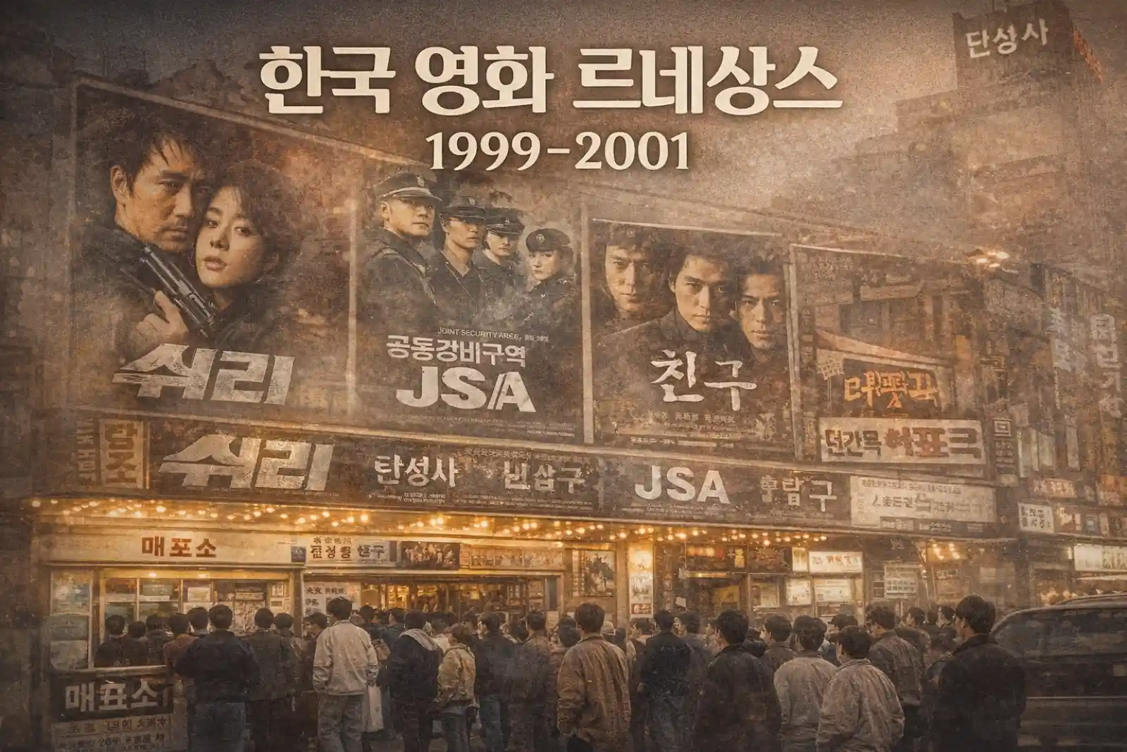 1999~2001년 한국 영화 르네상스를 상징하는 극장 전경과 쉬리·JSA·친구 포스터가 걸린 모습