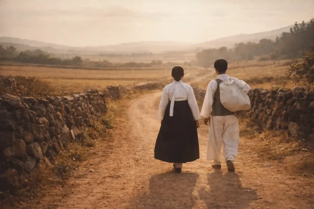 한복 차림의 두 남녀가 돌담 황톳길을 걸어가는 뒷모습