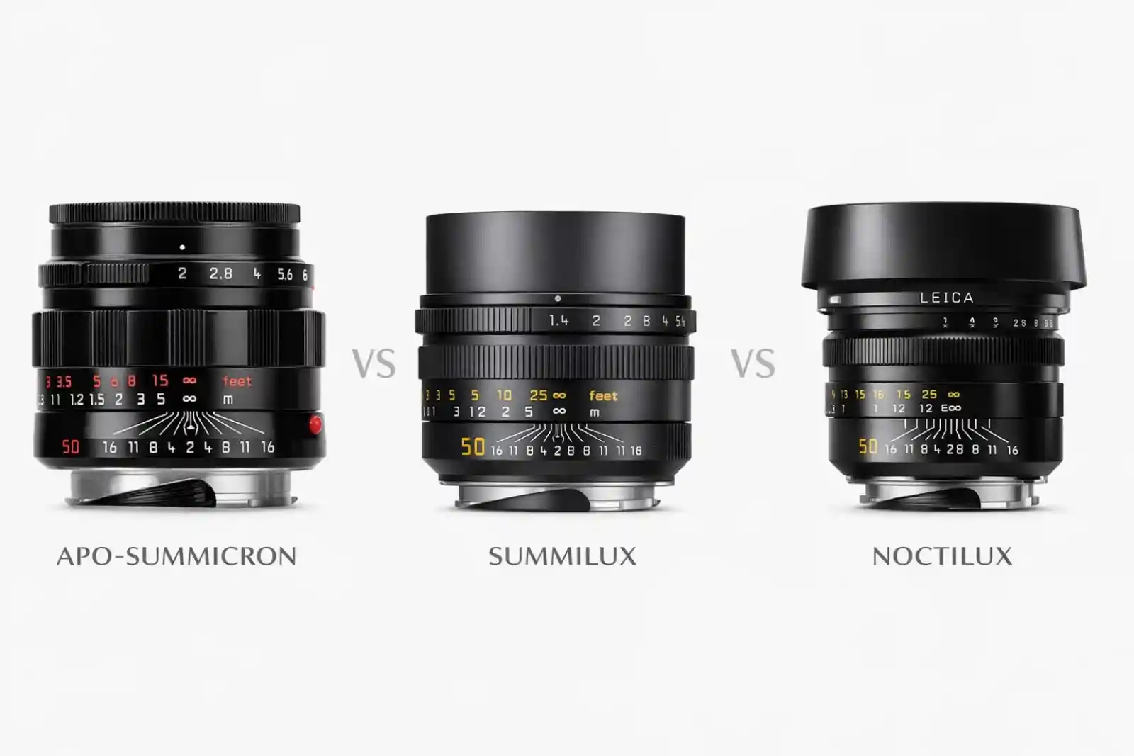 라이카 50mm 렌즈 비교 — APO 주미크론 vs 주미룩스 vs 녹티룩스 f/1.2 크기 비교
