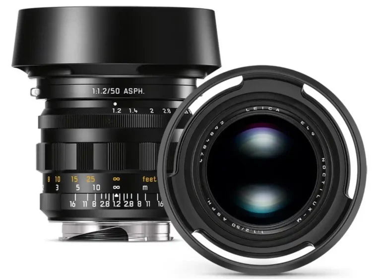 라이카 녹티룩스 M 50mm f/1.2 ASPH 복각 모델 정면과 측면 모습, 후드 장착 상태